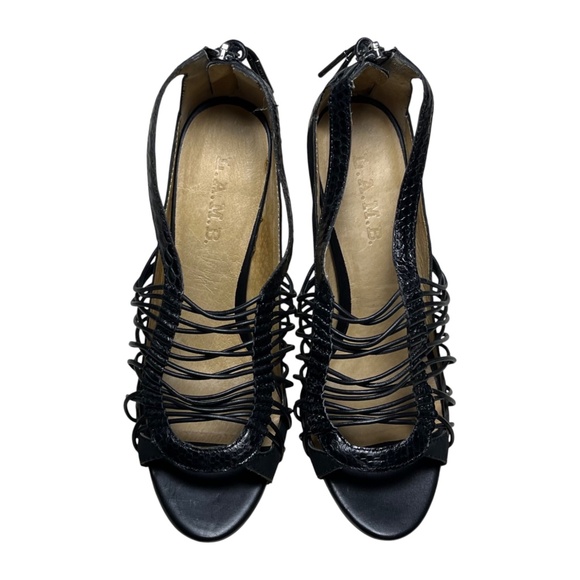 L.A.M.B. Raivyn 8.5 M Black Embossed Textured Caged Strappy Stiletto Heels Shoes - Picture 2 of 13